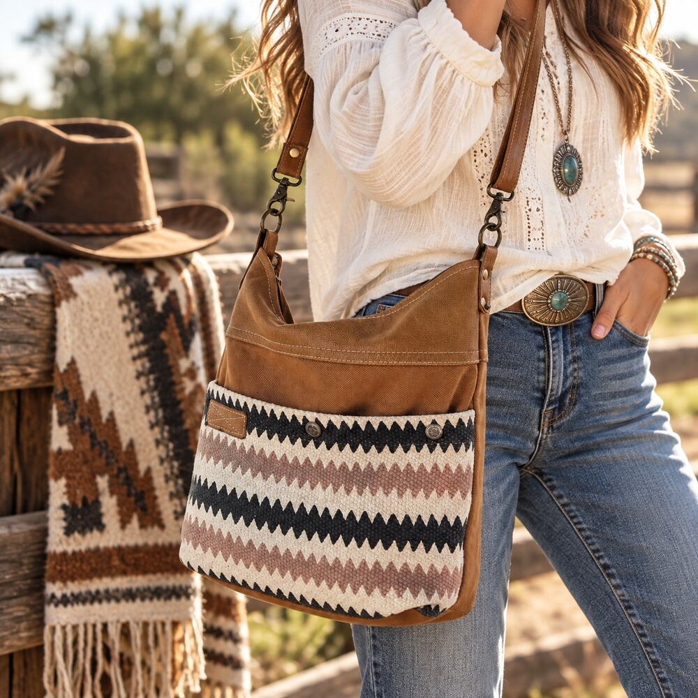 Myra Bag Southwestern Tapestry Leather & Canvas Crossbody Purse